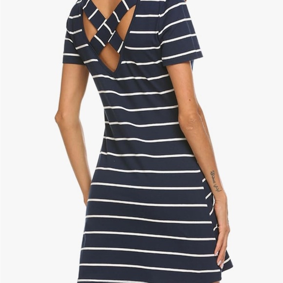 FEAGER Casual Striped Criss Cross Short Sleeve T Shirt Dress, Blue/White, Sz S - Picture 2 of 10